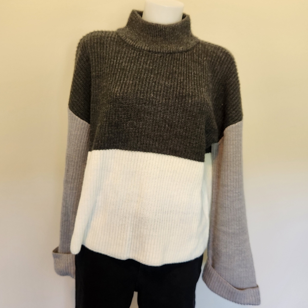 mock neck bell sleeve color block sweater